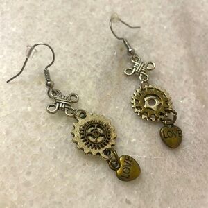 steampunk earrings watch gears dangle earrings Silver Brown Love jewelry New